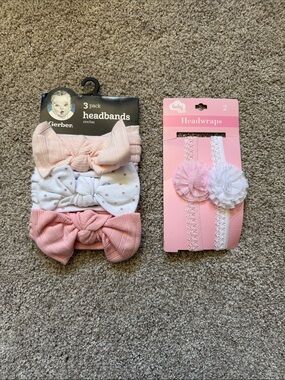 Gerber Pink & White Baby Headbands and Flower Headwraps Lot
